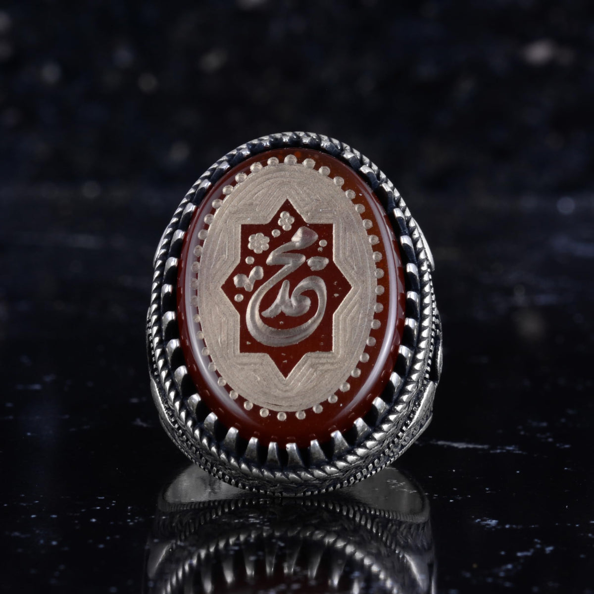 KAMBO Natural Agate Engraved Ottoman Tugra Style Seal Ring 925 Sterling Silver Large Men's Ring Oval Red Stone Handmade Vintage Design (Arabic ع (Ayin)) — 4