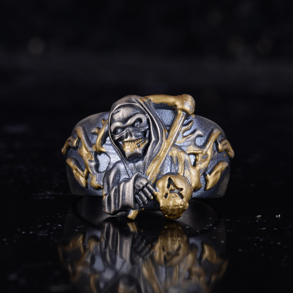 KAMBO 925 Sterling Silver Men's Grim Reaper Ring – Gothic Skull Reaper Design – Handmade Punk Rock Silver Jewelry (Gold Plated) — 4