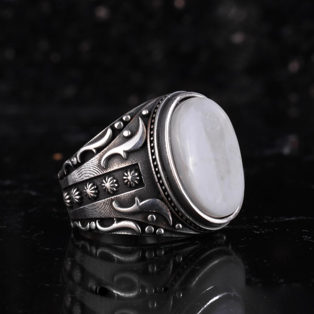 KAMBO Certified Natural Opal Stone Men's Ring 925 Sterling Silver – Ottoman Style Engraved Pattern Oval Opal Handmade Jewelry — 5