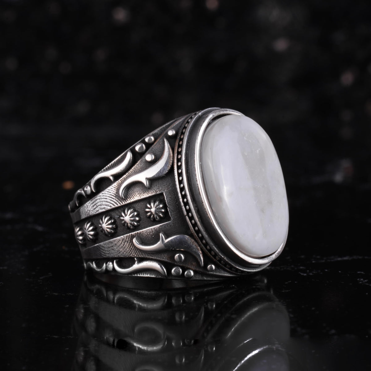 KAMBO Certified Natural Opal Stone Men's Ring 925 Sterling Silver – Ottoman Style Engraved Pattern Oval Opal Handmade Jewelry — 5
