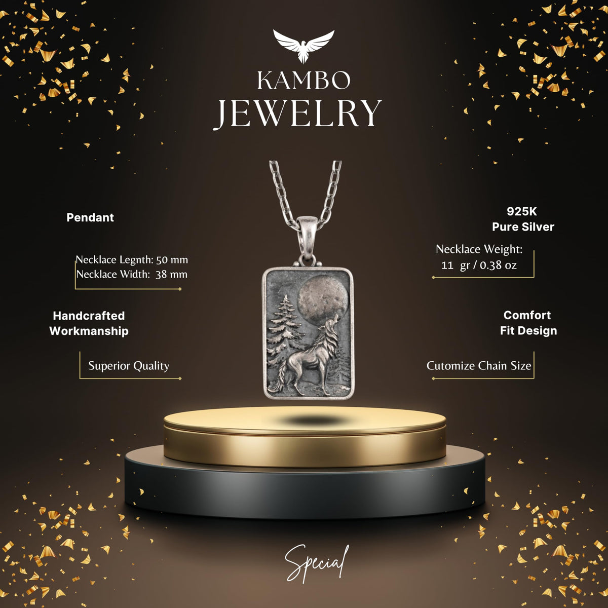 KAMBO 925 Sterling Silver Wolf Necklace with Chain – Howling Wolf Moon Necklace – Nature Forest Scene Jewelry – Handmade Animal Totem Necklace – Gift for Her — 2