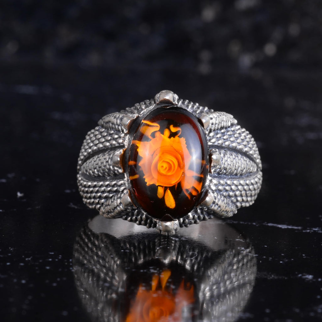 KAMBO Amber Stone Men's Ring Rose Carved 925 Sterling Silver – Oval Cabochon Handmade Vintage Flower Design Ring — 4