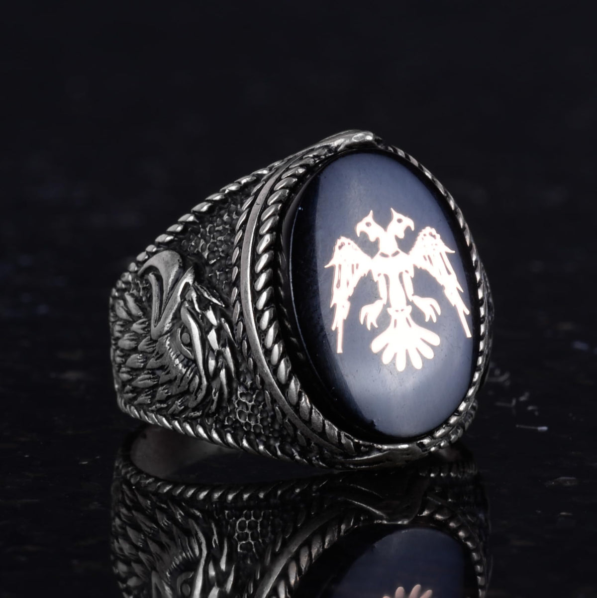 Men's Double-Headed Eagle Ring - Eagle Symbol Jewelry - 925 Sterling Silver Handcrafted Men's Ring (Black) — 5