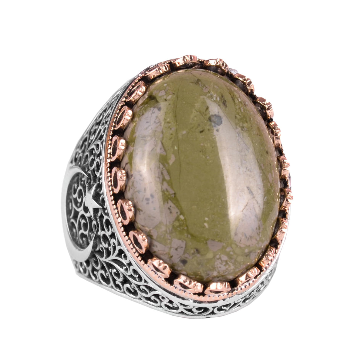 KAMBO 925 Sterling Silver Men's Natural Stone Ring - Moon and Star Design - Handmade Vintage Jewelry (Unakite)
