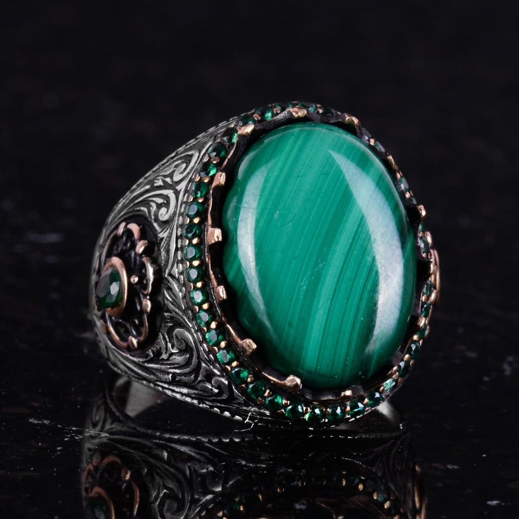 Natural Malachite Stone Ring - 925 Sterling Silver Handmade Ring (Model-2) — 5