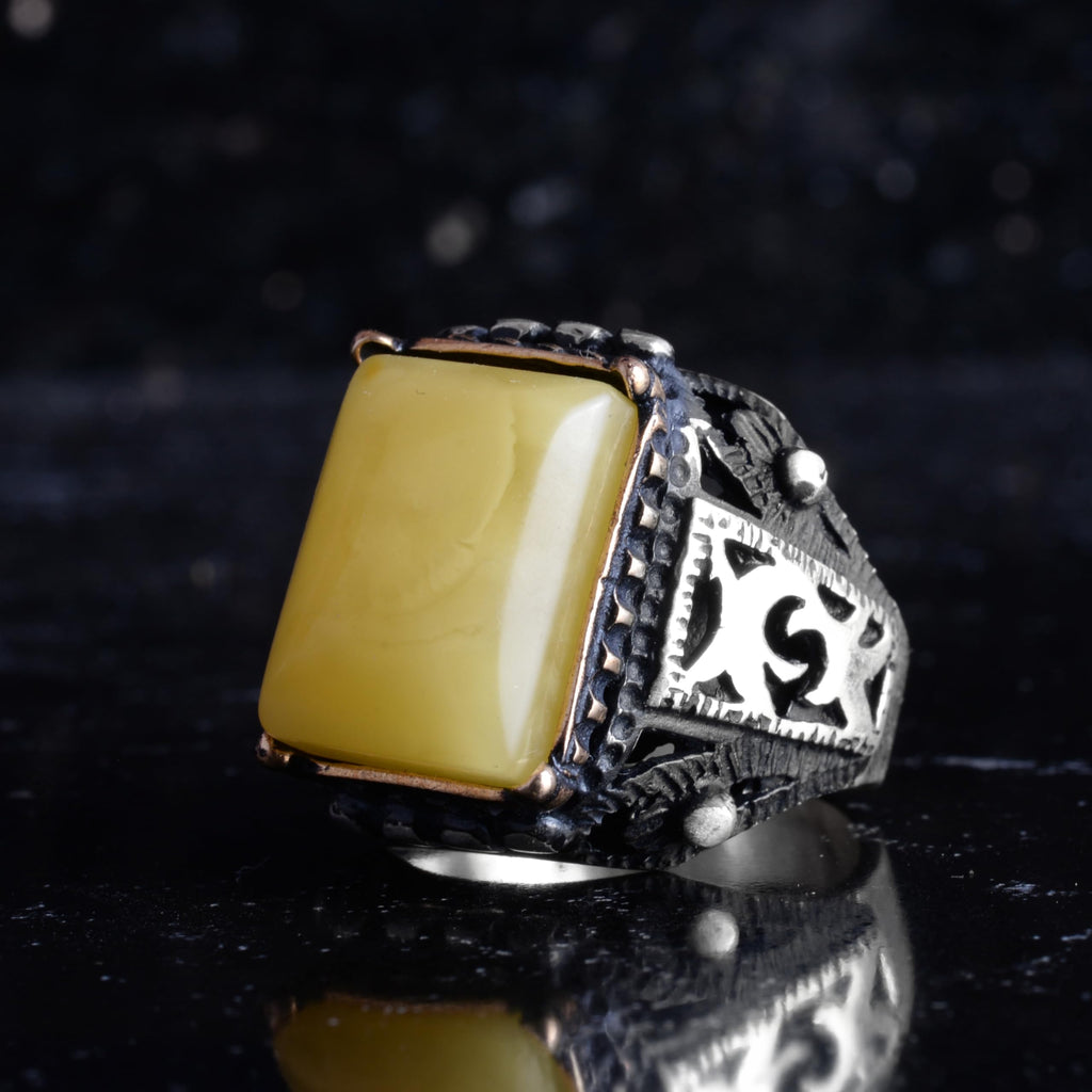 KAMBO Natural Amber Stone Men's Ring 925 Sterling Silver – Rectangular Stone Handmade Vintage Statement Ring — 5