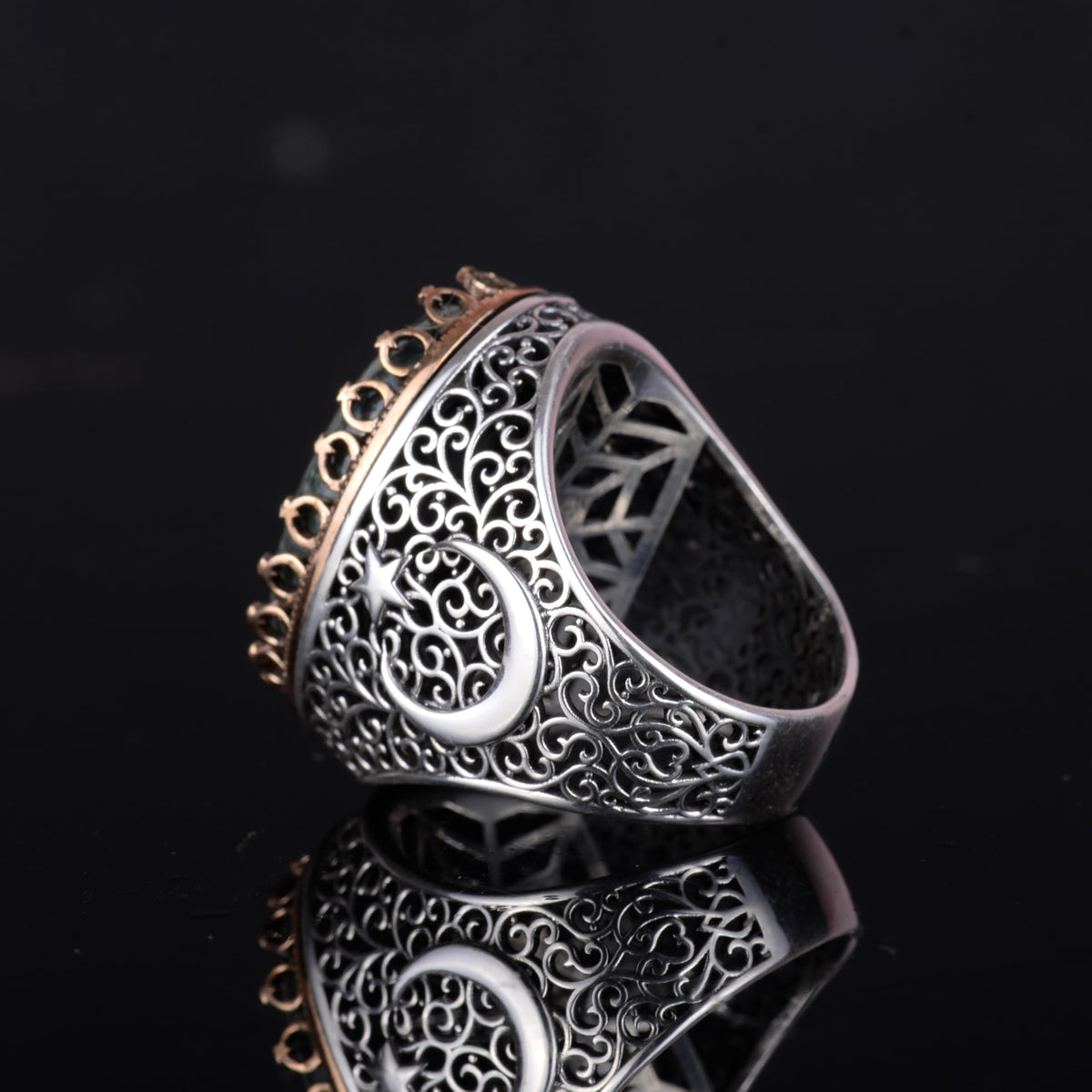KAMBO 925 Sterling Silver Men's Natural Stone Ring - Moon and Star Design - Handmade Vintage Jewelry (Green Eye) — 7