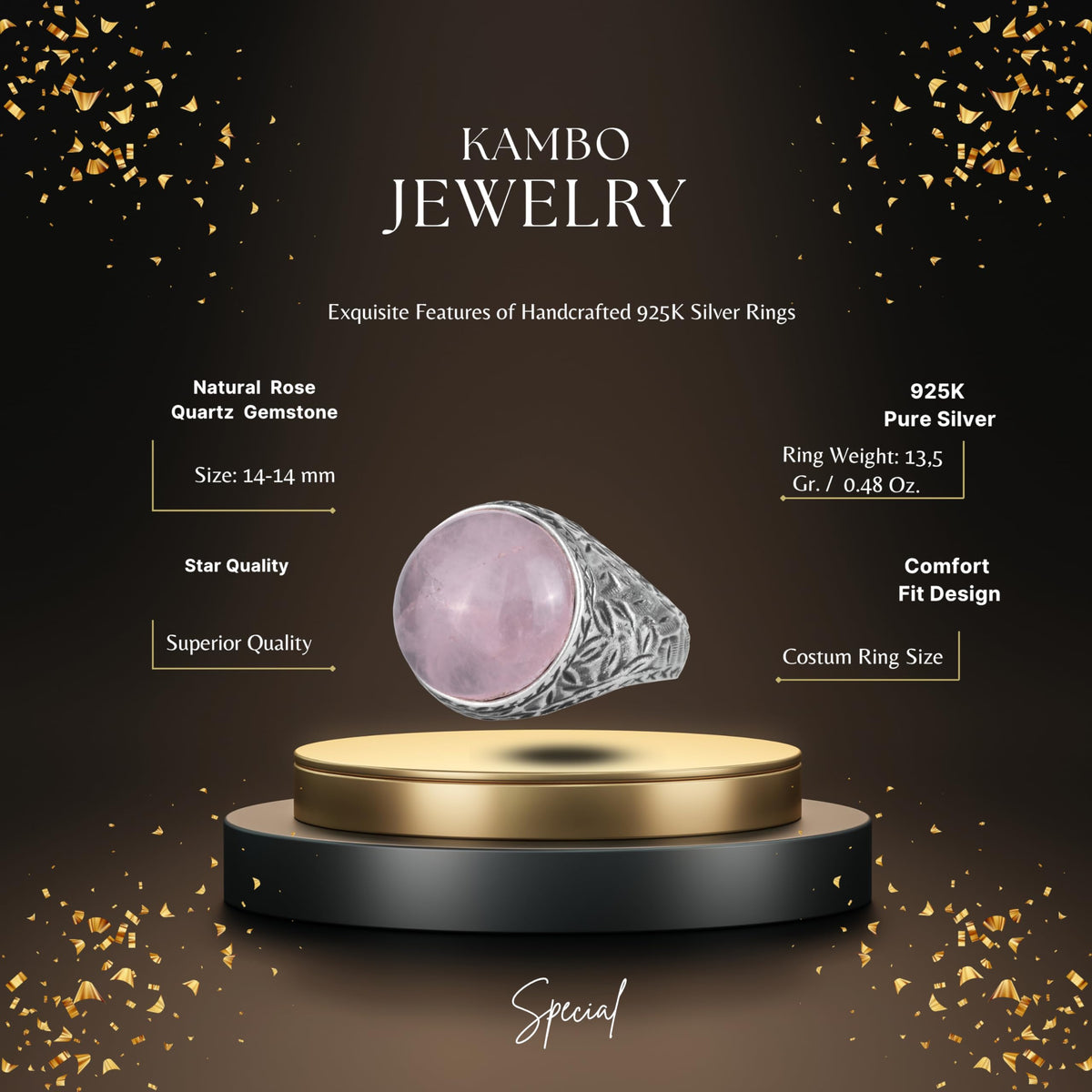 KAMBO Natural Stone Men's Ring 925 Sterling Silver Round Cabochon Handmade Statement Ring Stone (Rose Quartz) — 2