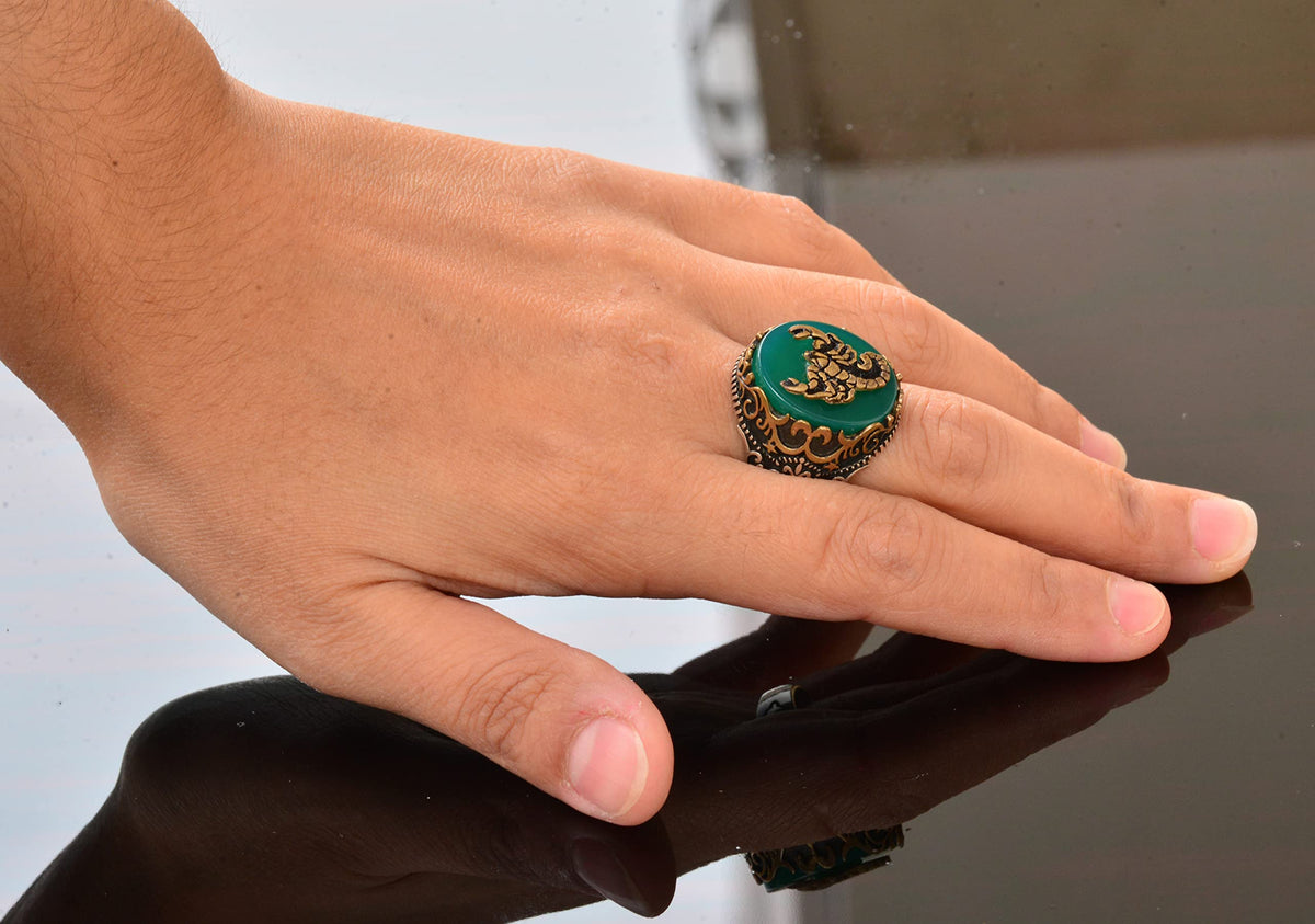 925 Sterling Silver Ring - Symbols Ring - Green Agate Stone Ring (Scorpion) — 6