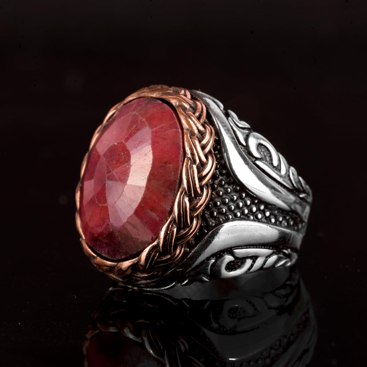 KAMBO Handmade 925 Sterling Silver Ruby Ring for Men, Adjustable Minimalist Vintage Statement Jewelry, Natural Ruby Gems