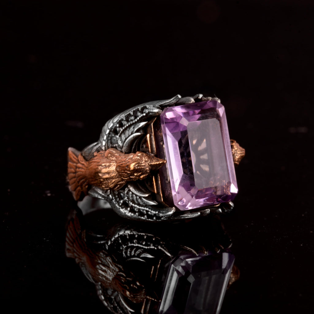 KAMBO Real Natural Amethyst Stone Ring, Bird Symbol Ring, Men's 925 Sterling Silver Ring — 5