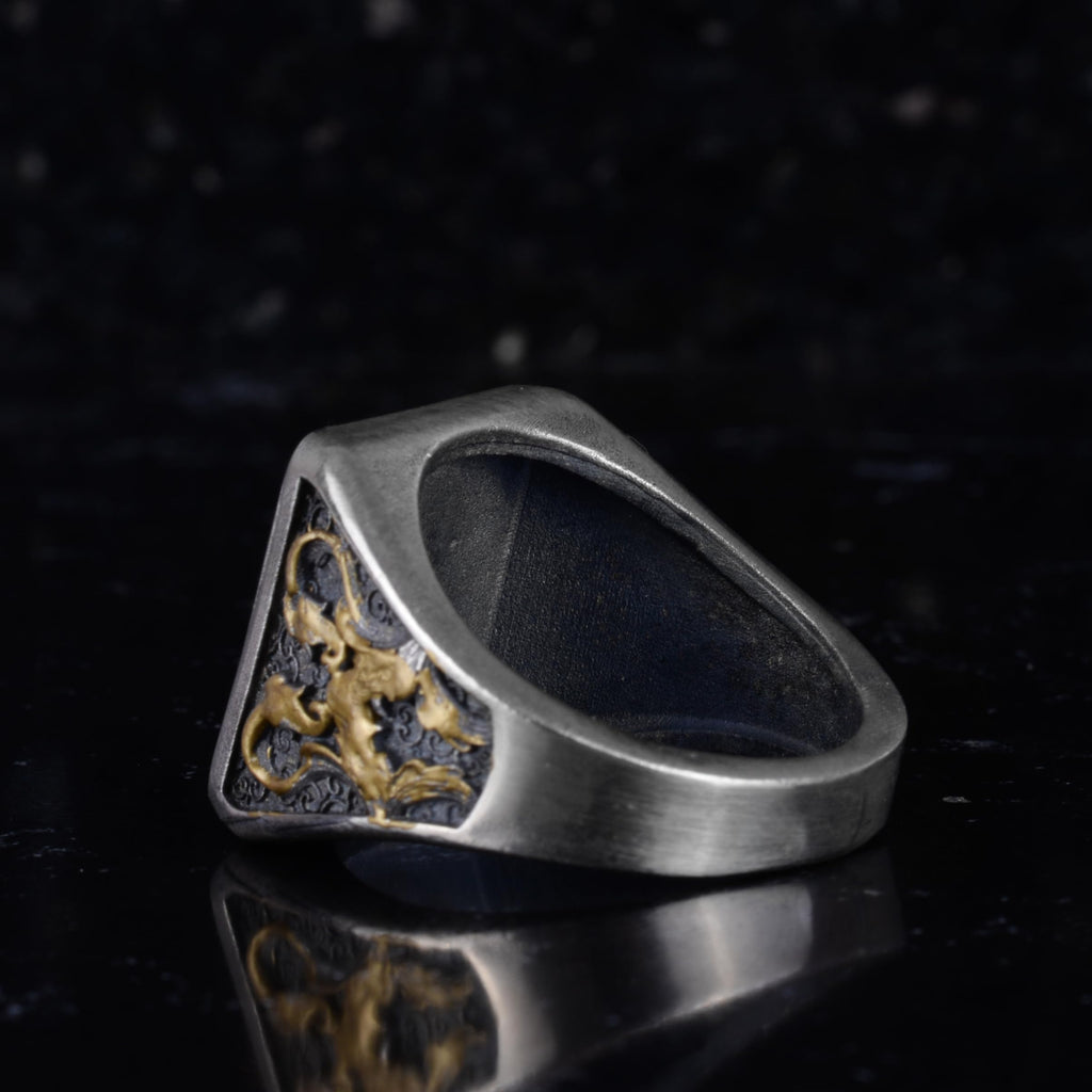 KAMBO Octopus Symbol Men's Ring – 925 Sterling Silver with Gold Plated Detail Square Ring – Handmade Descriptive Jewelry — 7
