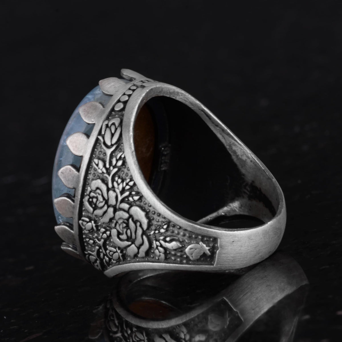Natural Aquamarine Stone Ring - Rose Pattern - 925 Sterling Silver - Handmade Large Ring — 7