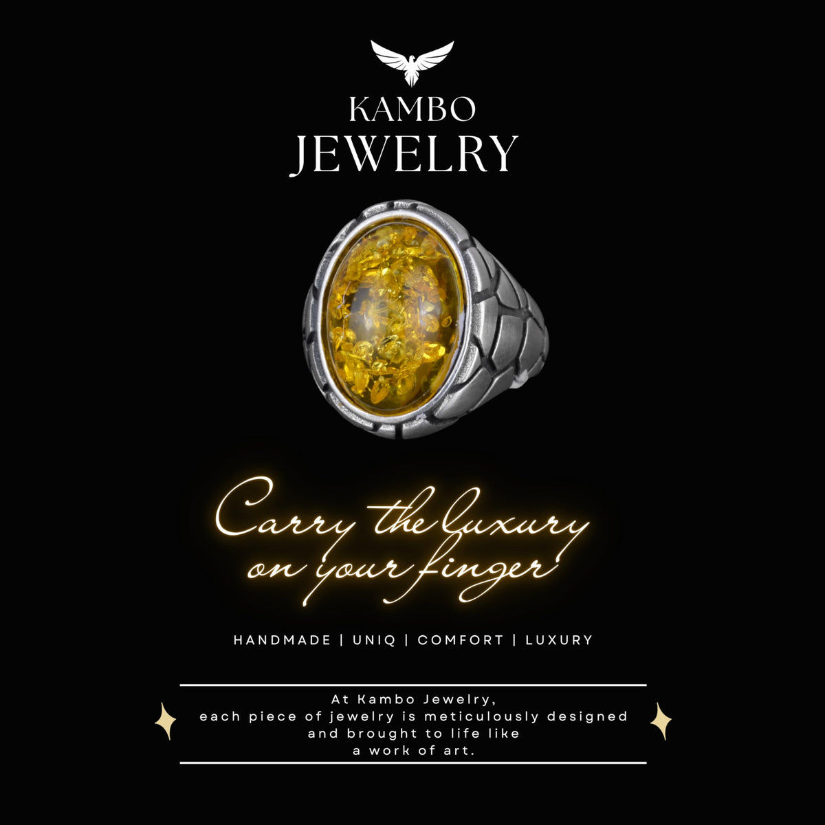 Luxury 925 Sterling Silver Stone Ring - Various Collection (Honey Amber Stone) — 7