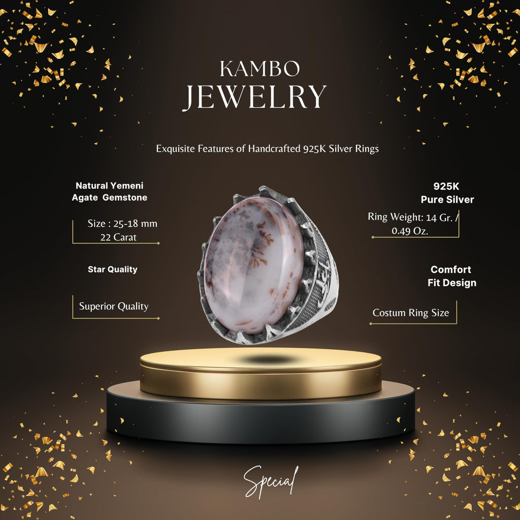 KAMBO Natural Stone Men's Large Ring – 925 Sterling Silver Ottoman Sword Motif Signet Ring (Yemen Agate) — 2
