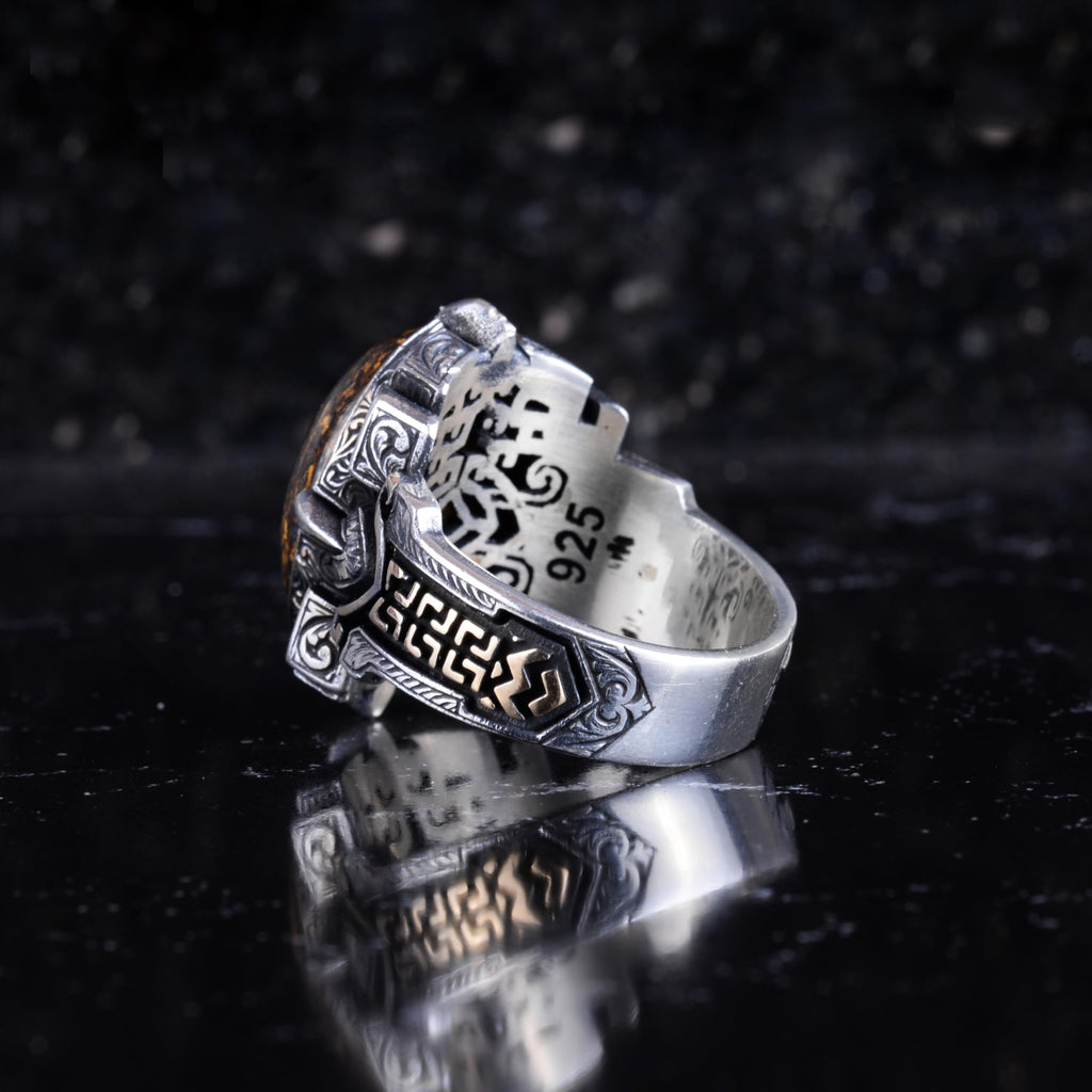 KAMBO Natural Stone Ring 925 Sterling Silver – Handmade Men's Statement Ring Healing Jewelry (Bronzite) — 7