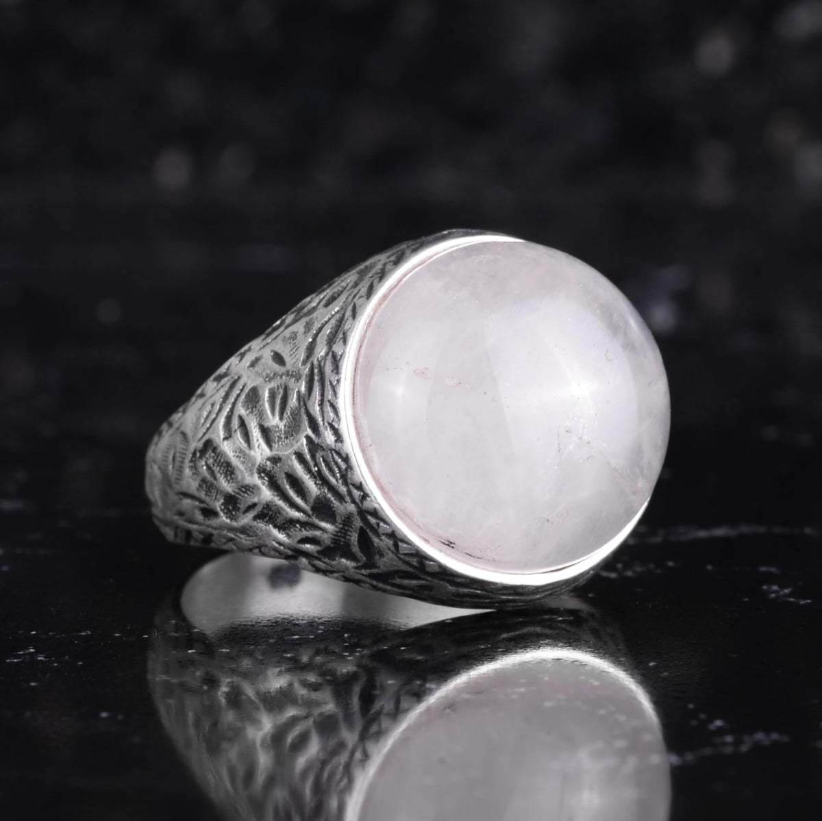 KAMBO Natural Stone Men's Ring 925 Sterling Silver Round Cabochon Handmade Statement Ring Stone (Rose Quartz) — 6