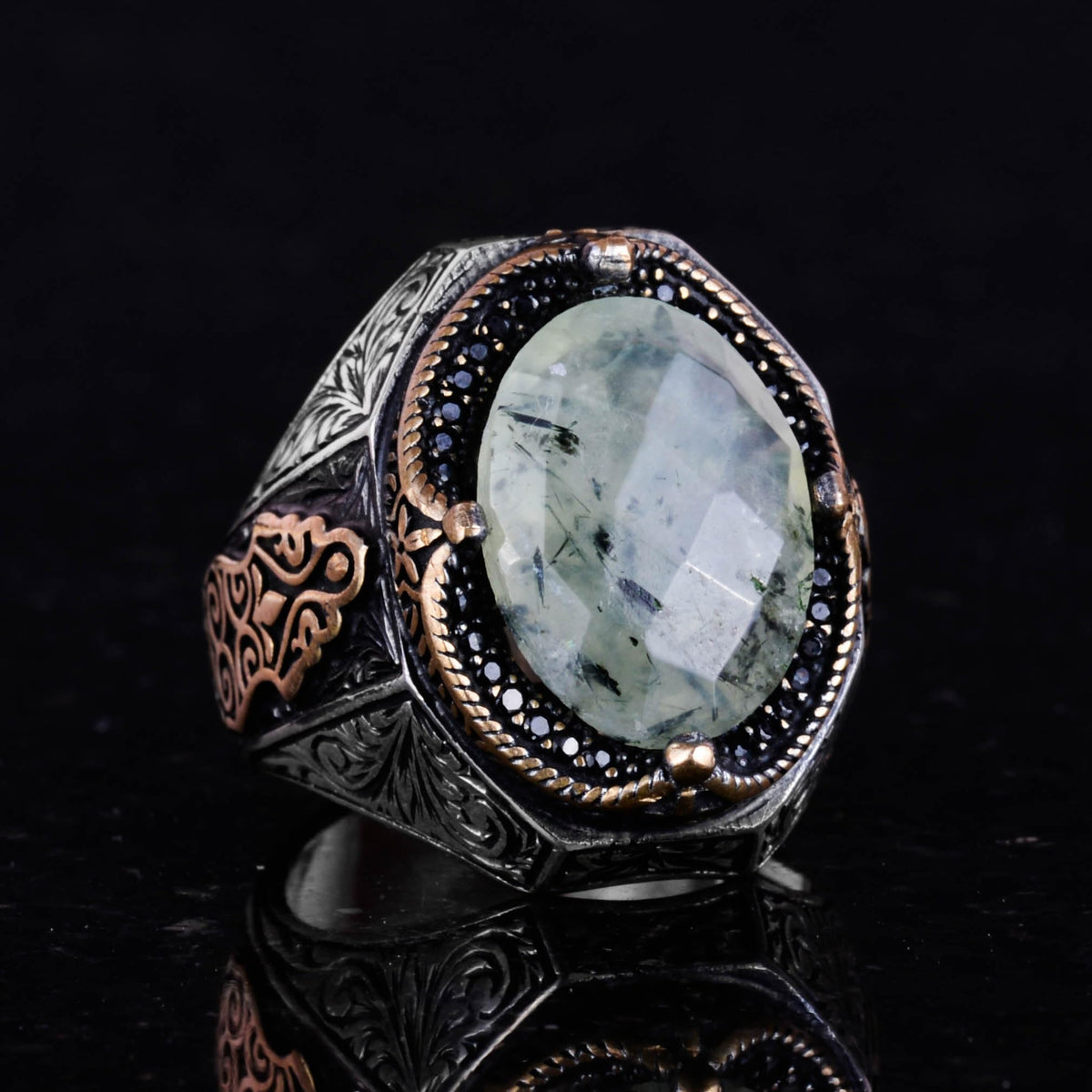 Handmade Prehnite Jade Ring - Healing Themed 925 Sterling Silver Men's Ring - Peace and Wisdom (Model-2) — 6