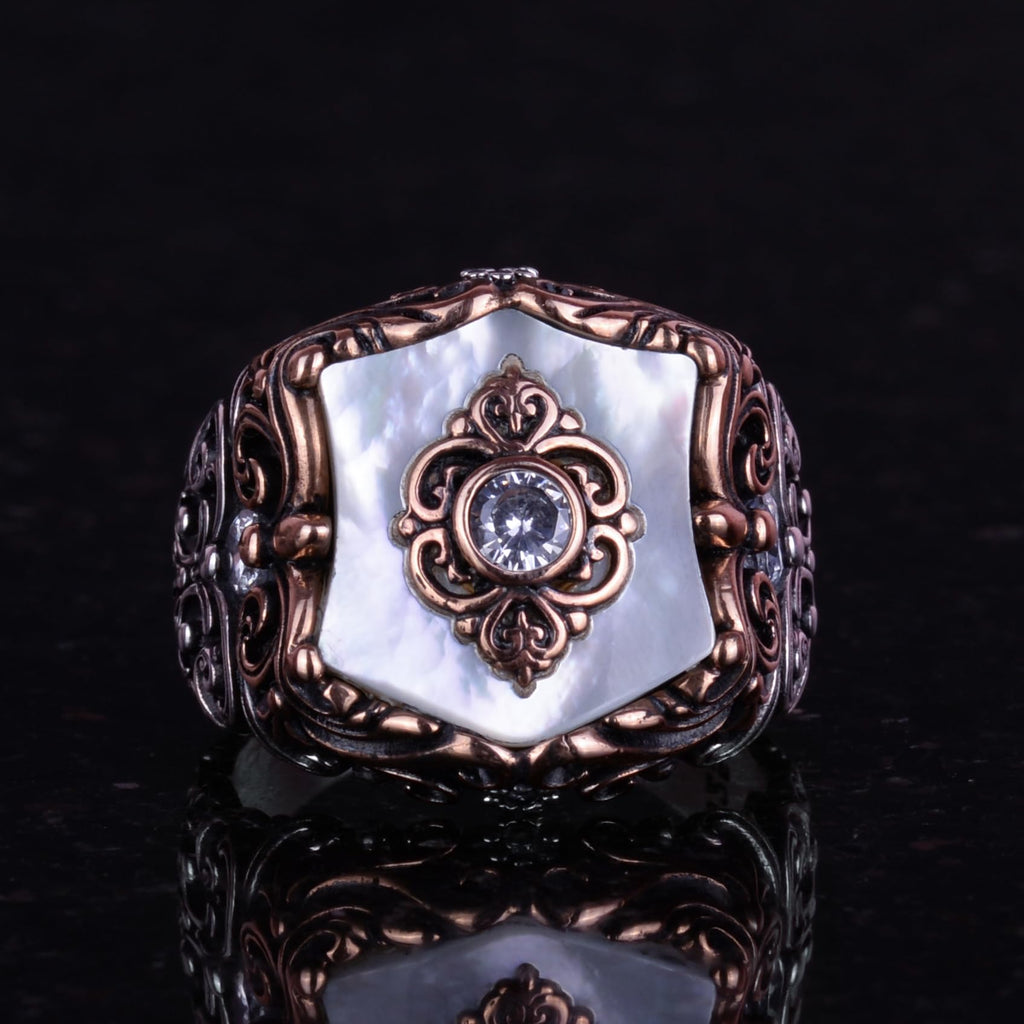 Natural Pearl Stone Ring, Handmade Vintage Design, 925 Sterling Silver Men's Ring — 6