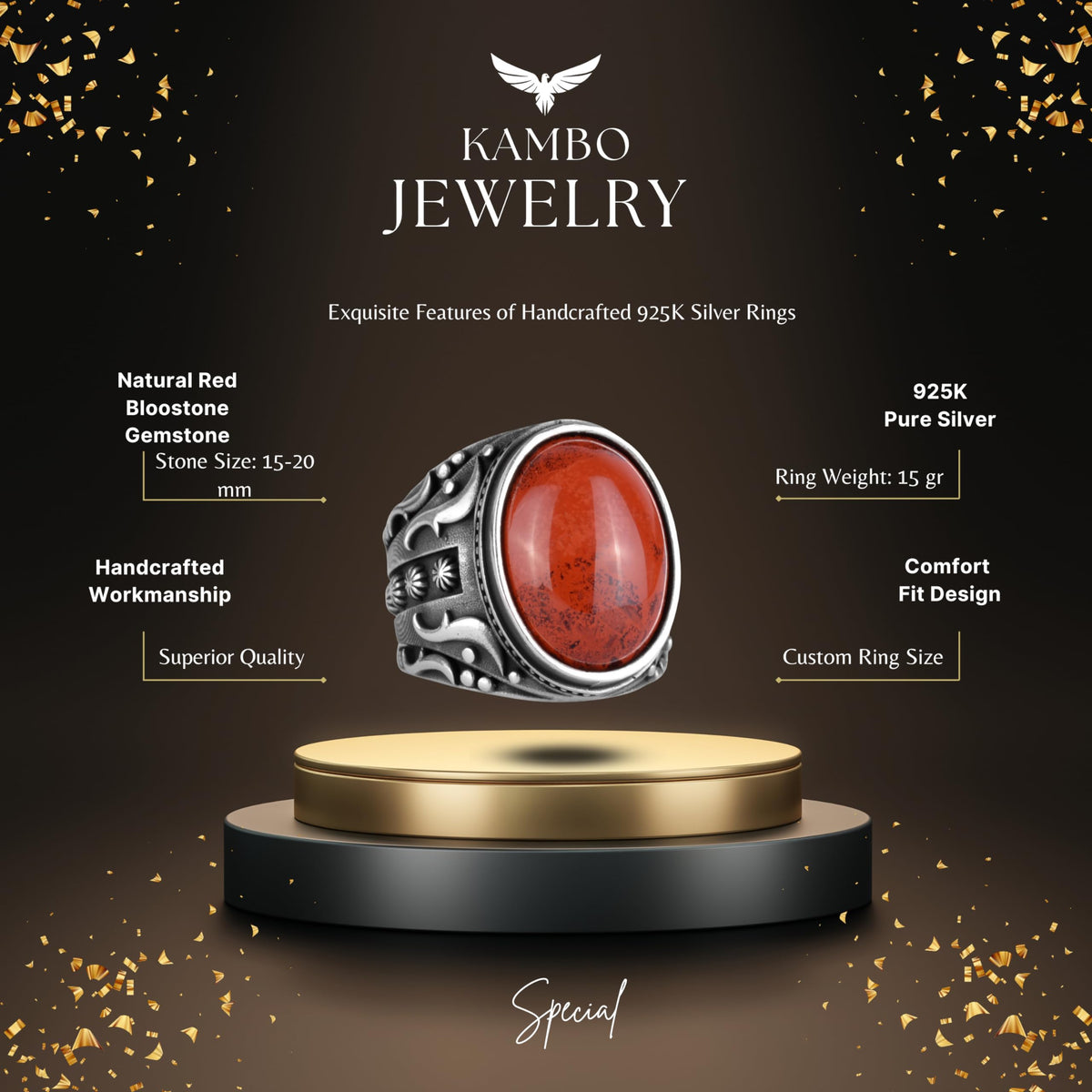 Natural Red Bloodstone Ring - 925 Sterling Silver (Model-3) — 2