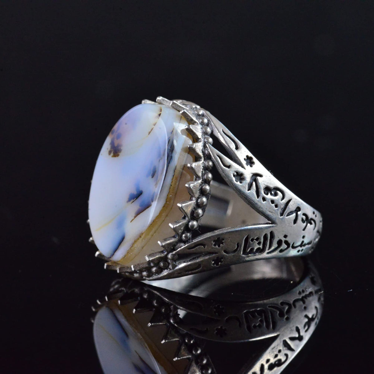 Yemen Tree Stone Ring, Islamic Zulfiqar Sword Design, 925 Sterling Silver Men's Ring — 6