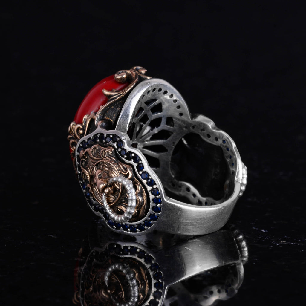 Red Coral Stone Ring, 925 Sterling Silver Men's Ring, Lion Symbol Ring, Animal Figure Silver Ring — 6