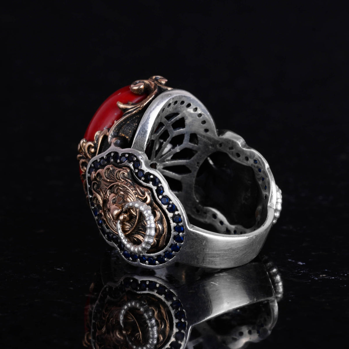 Red Coral Stone Ring, 925 Sterling Silver Men's Ring, Lion Symbol Ring, Animal Figure Silver Ring — 6