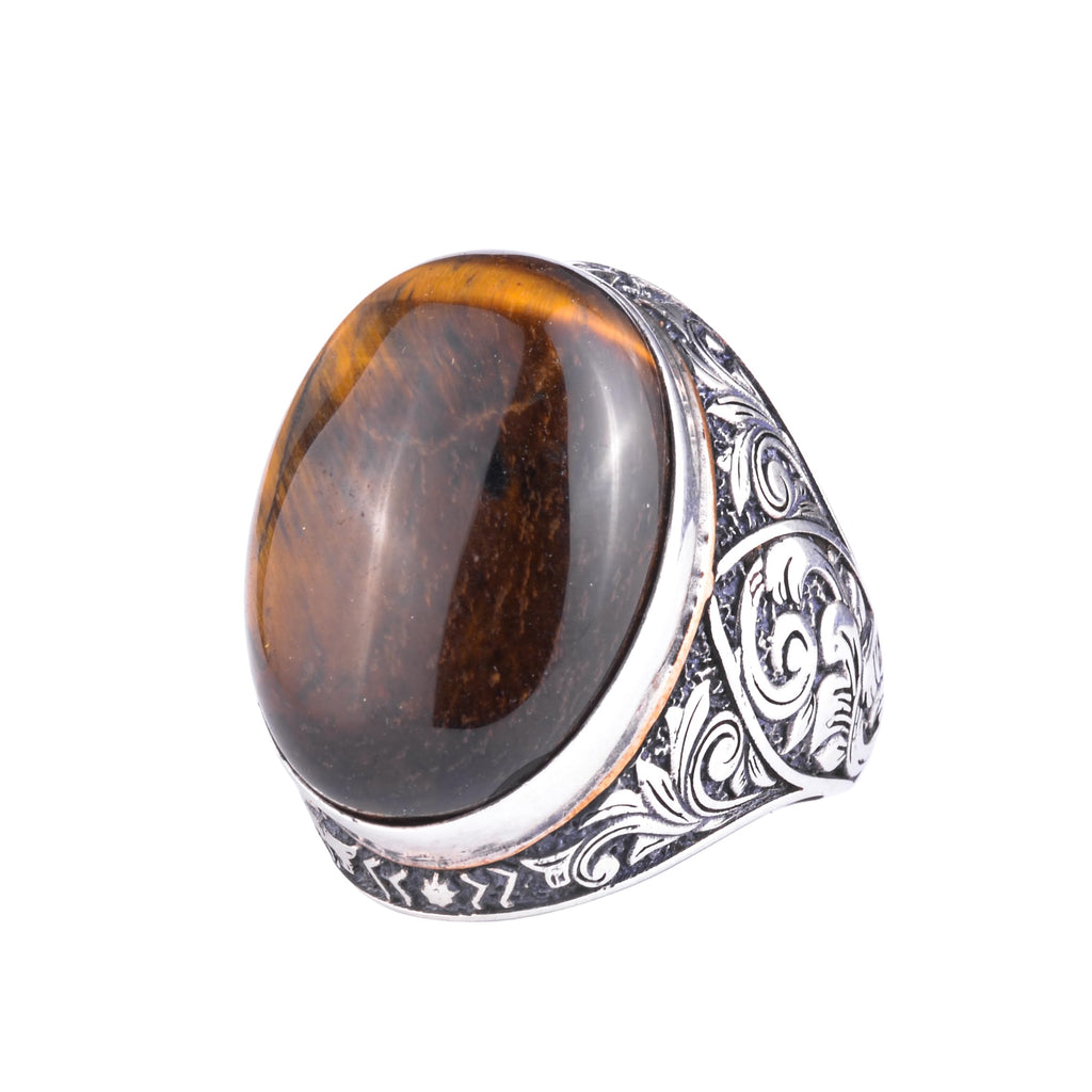 KAMBO Natural Tiger's Eye Stone Large Men's Ring - Oval Stone Vintage Engraved Statement Ring - 925 Sterling Silver Handmade Men's Jewelry