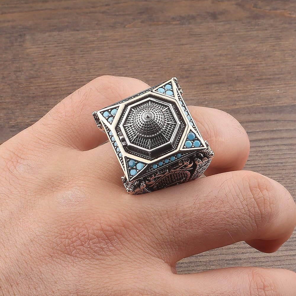 KAMBO 925 Sterling Silver Dome of the Rock Men's Ring – Turquoise Enamel Handmade Islamic Jewelry – Dome of the Rock Design – Vintage Statement Ring — 2