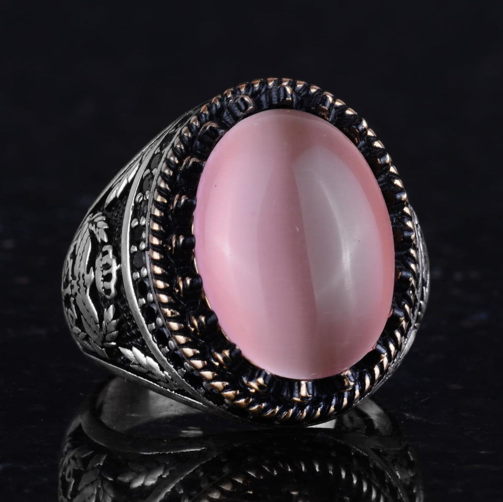 KAMBO 925 Sterling Silver Men's Ring, Created Stone Ring, Eagle Symbol Ring, Handmade Ring (Created Pink Cat's Eye) — 5