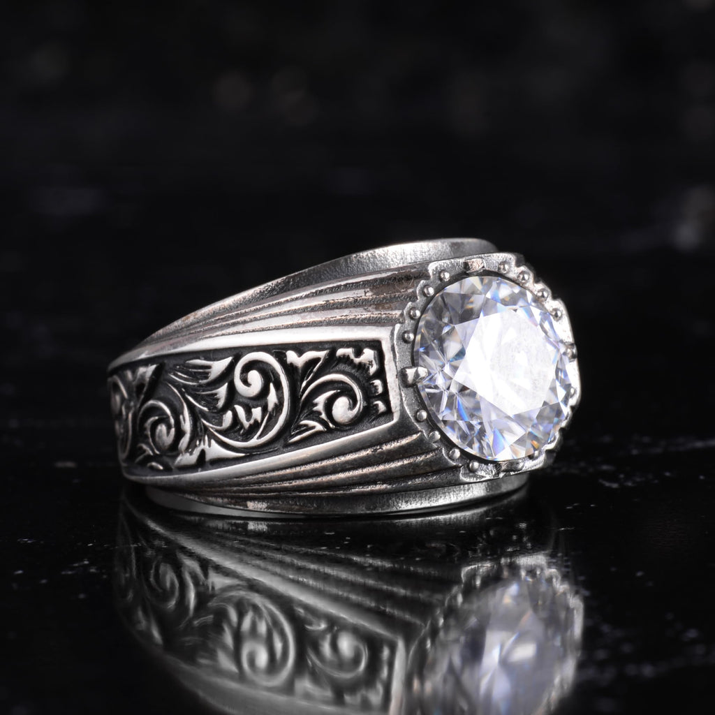 KAMBO Certified Natural Diamond Moissanite Stone Men's Ring 925 Sterling Silver – Ottoman Pattern Round Statement Ring Details — 7
