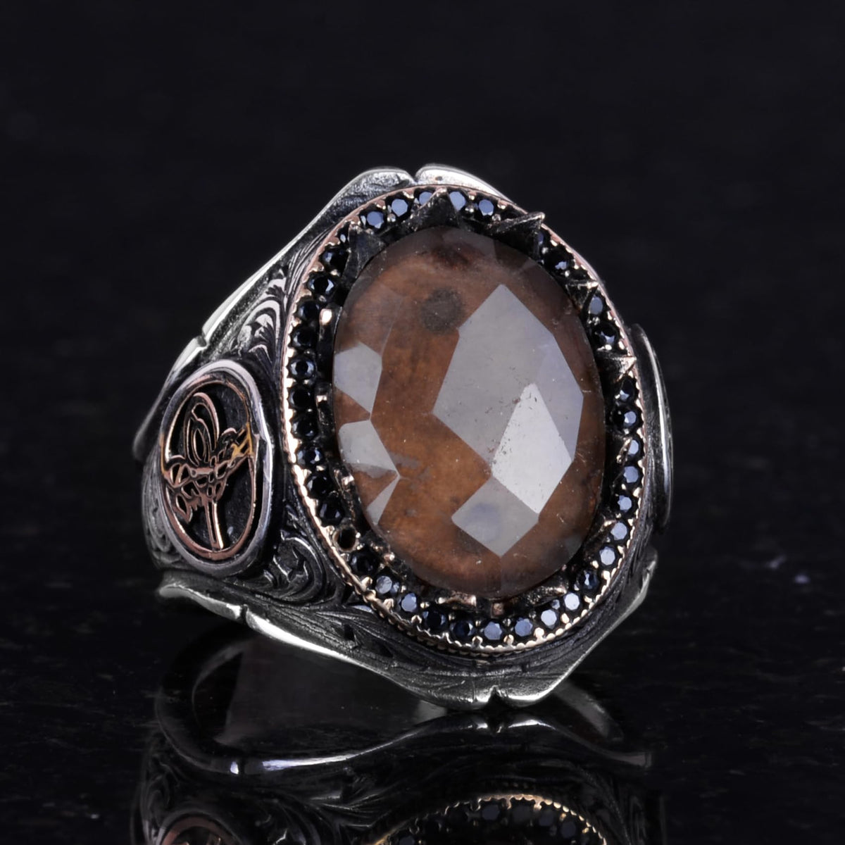925 Sterling Silver Men's Ring - Natural Smoky Quartz Stone — 2