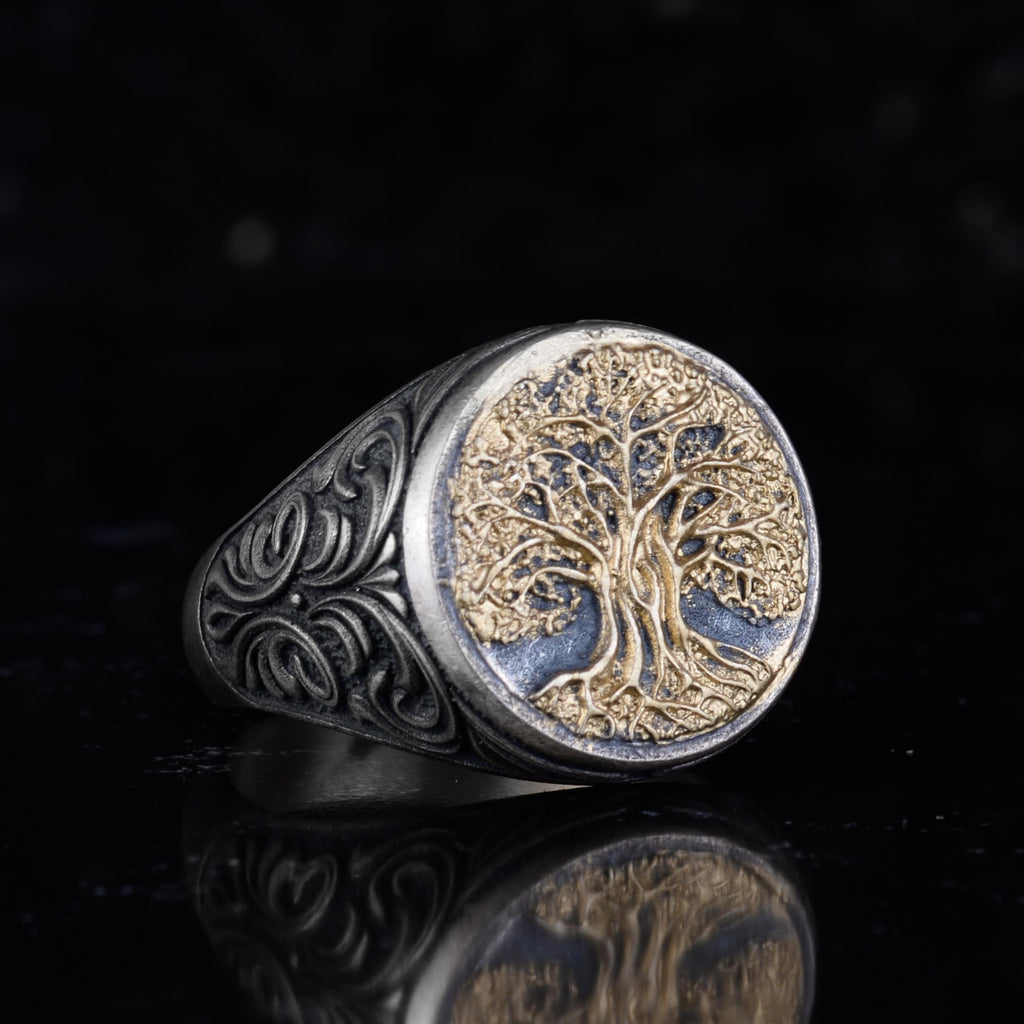 KAMBO Tree of Life Designed 925 Sterling Silver Men's Ring – Handmade Symbolic Spiritual Ring (Gold Plated) — 6