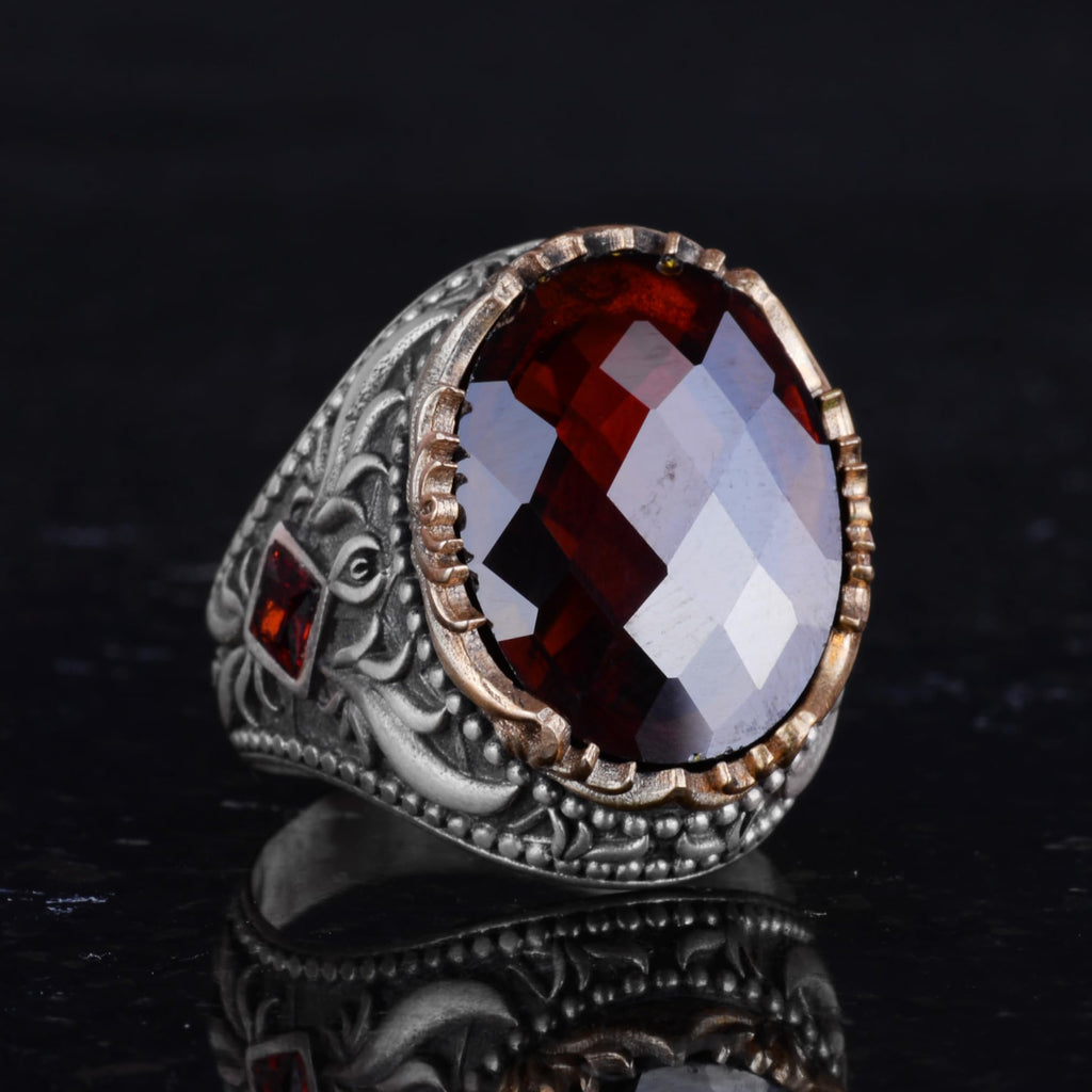 Kambo Synthetic Stone Ring – Unique Handmade Men's Ring, Elegant 925 Sterling Silver Jewelry (Synthetic Garnet) — 5