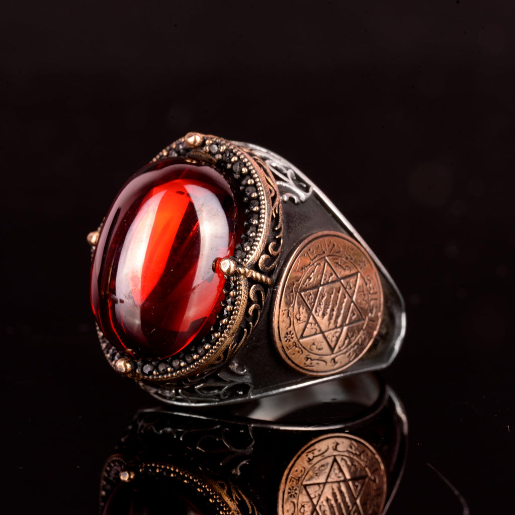 Kambo Star of David 925 Sterling Silver Solomon Ring – Cabochon Synthetic Garnet Stone — 7