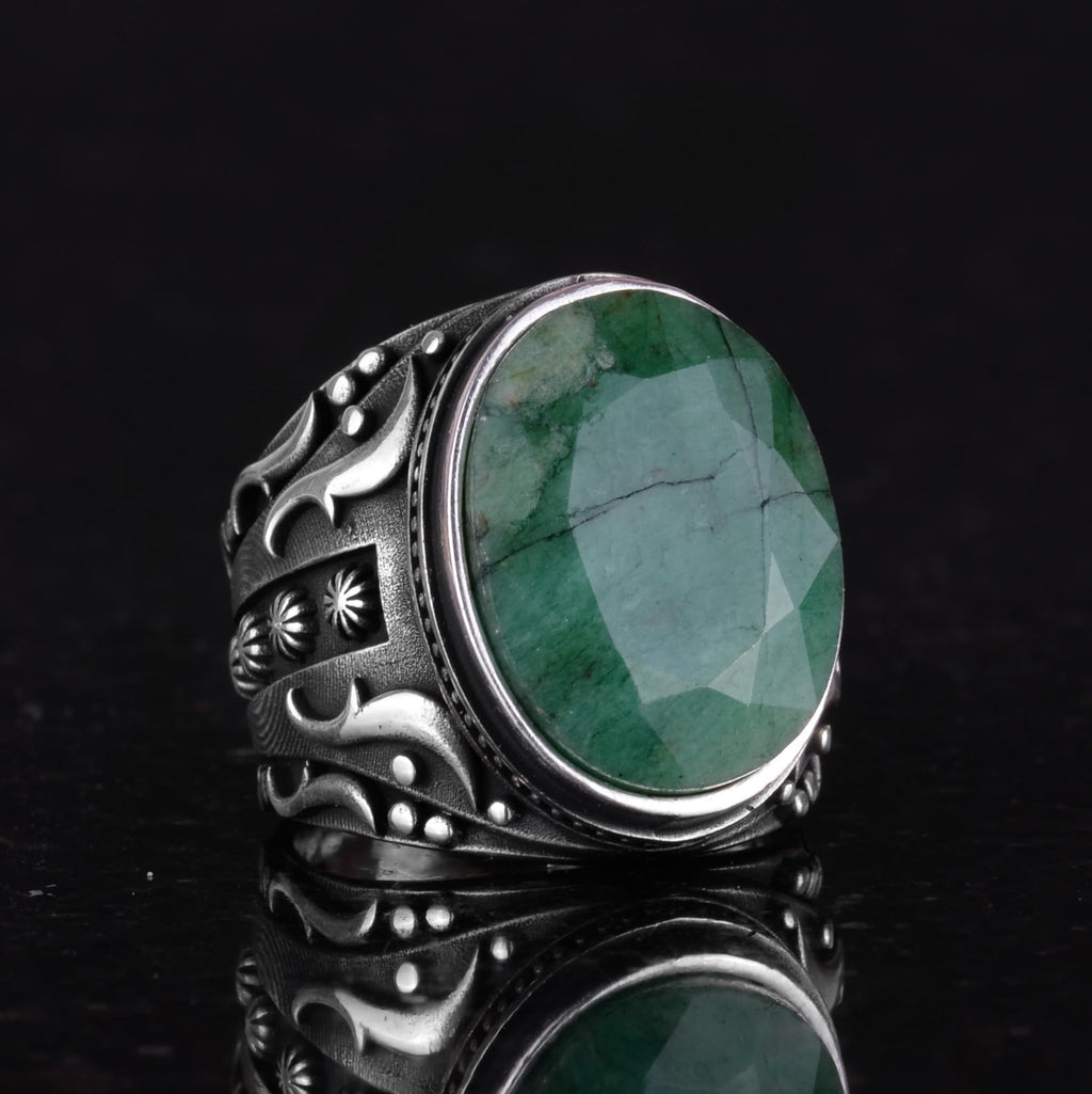 925K Pure Silver Men's Ring, Handmade Natural Emerald Stone Ring, Designer Silver Men's Ring — 6