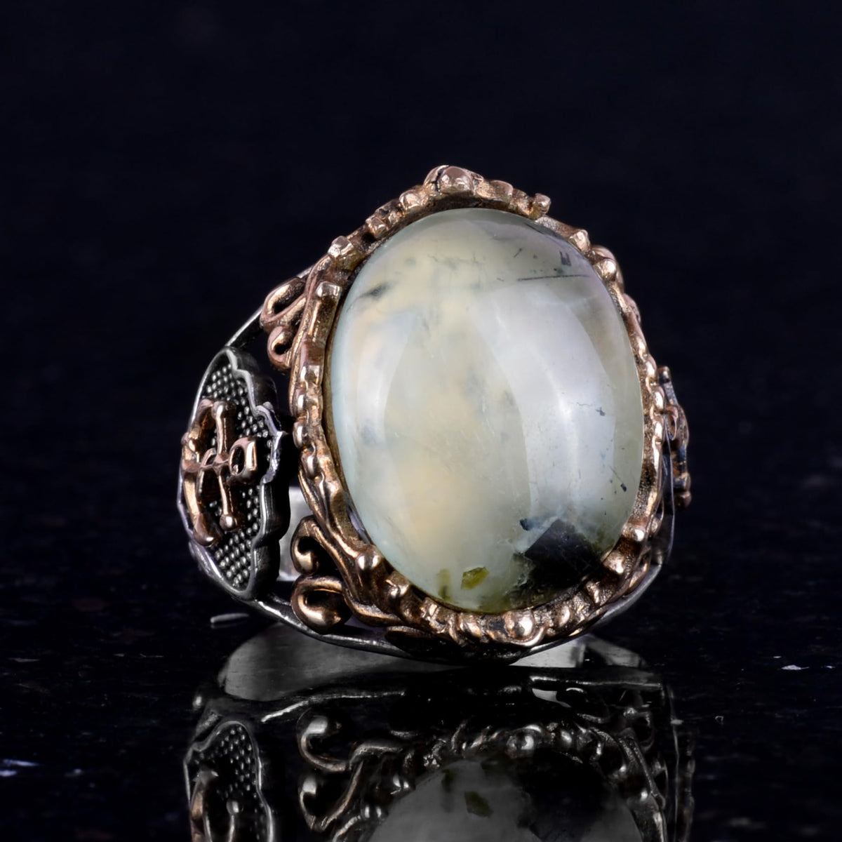 Handcrafted Prehnite Jade Ring - Sailboat Anchor 925 Sterling Silver Men's Ring — 5