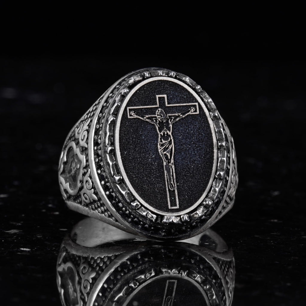 Kambo Silver Men's Ring with Crucifix Design - Symbol of Faith and Devotion - Handmade Religious Jewelry — 4