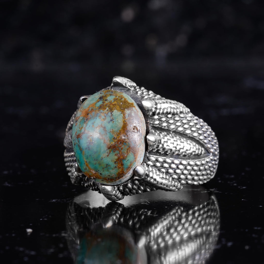 KAMBO Natural Turquoise Men's Ring 925 Sterling Silver – Oval Stone Claw Statement Men's Ring (Turquoise-1) — 5