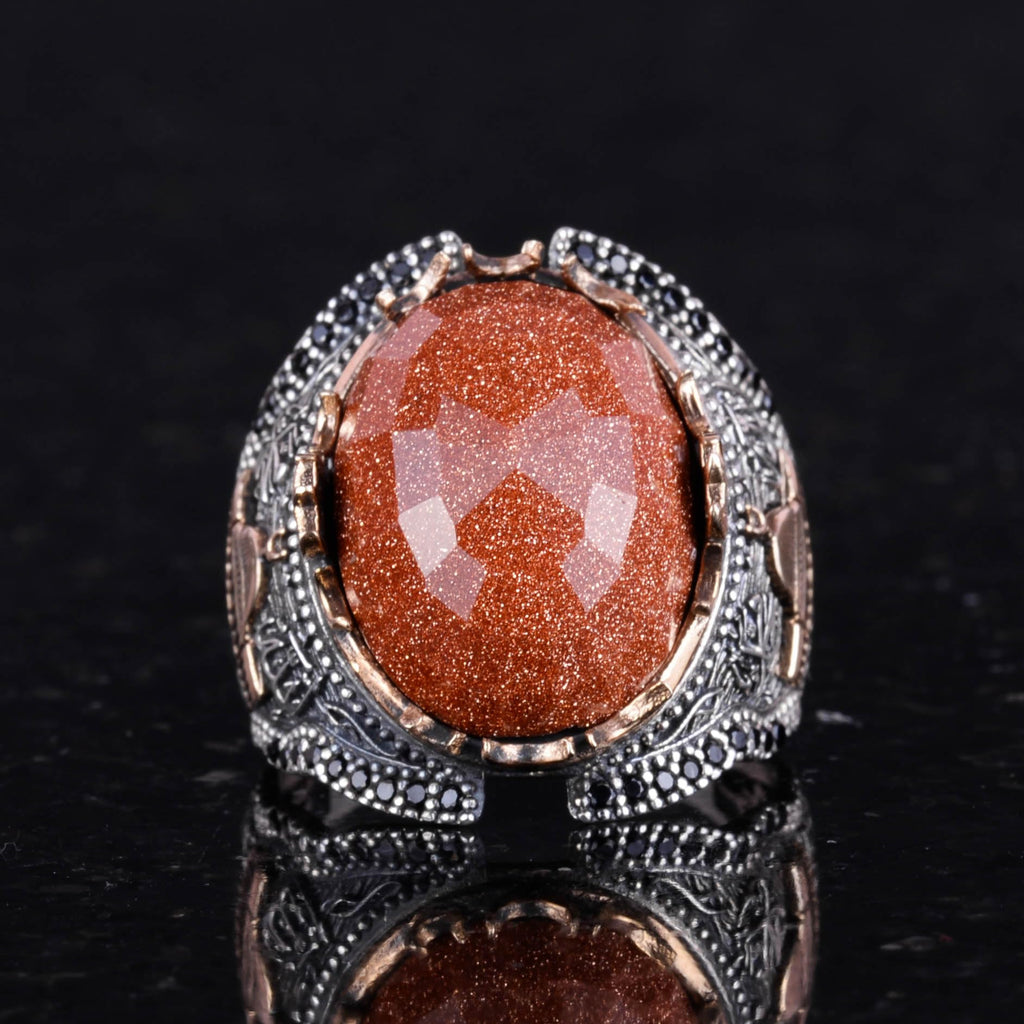 Kambo Islamic Men's Ring - 925 Sterling Silver, Synthetic Brown Sunstone — 3
