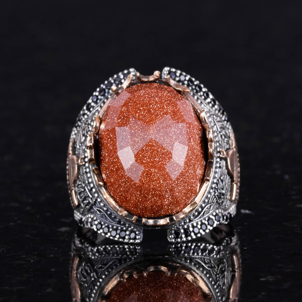 Kambo Islamic Men's Ring - 925 Sterling Silver, Synthetic Brown Sunstone — 3