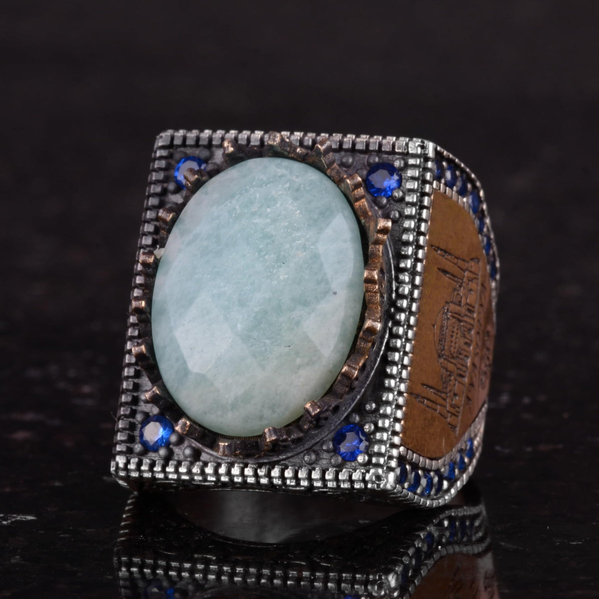 Natural Amazonite Stone Ring - 925 Sterling Silver Islamic Ring - Handmade Calligraphy Ring — 6