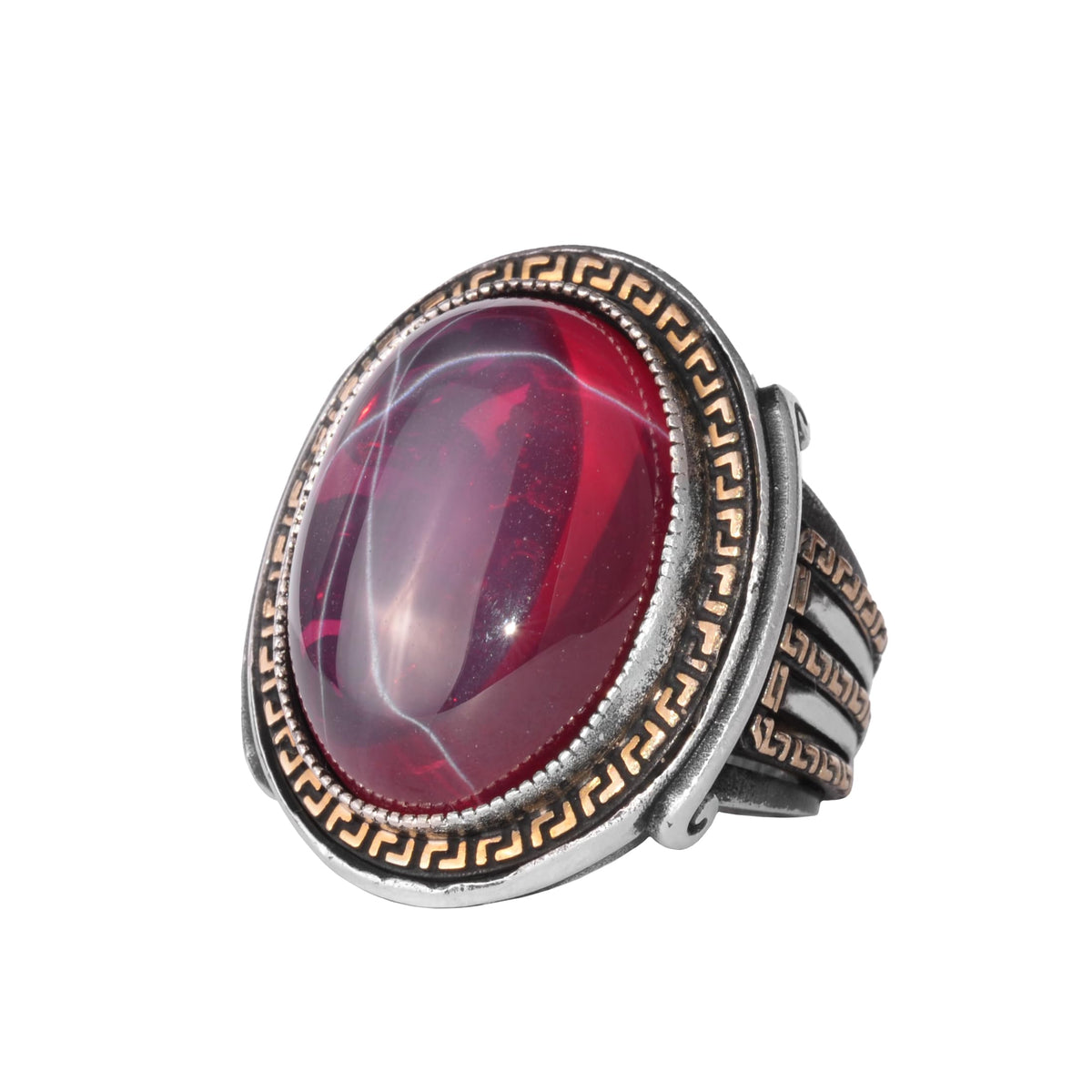 KAMBO Natural Star Ruby Stone Large Men's Ring – 925 Sterling Silver Statement Ring – Handmade Vintage Red Stone Ring