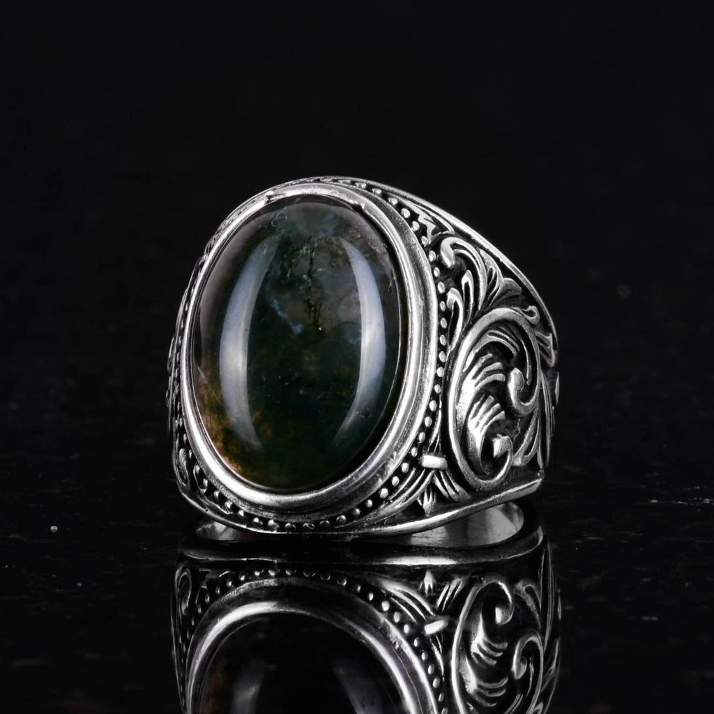 Natural Moss Agate Stone Ring, 925 Sterling Silver Men's Ring — 4