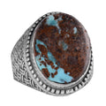 KAMBO Natural Turquoise Stone 925 Sterling Silver Men's Ring - Handmade Woven Texture Vintage Statement Jewelry (Style-2)