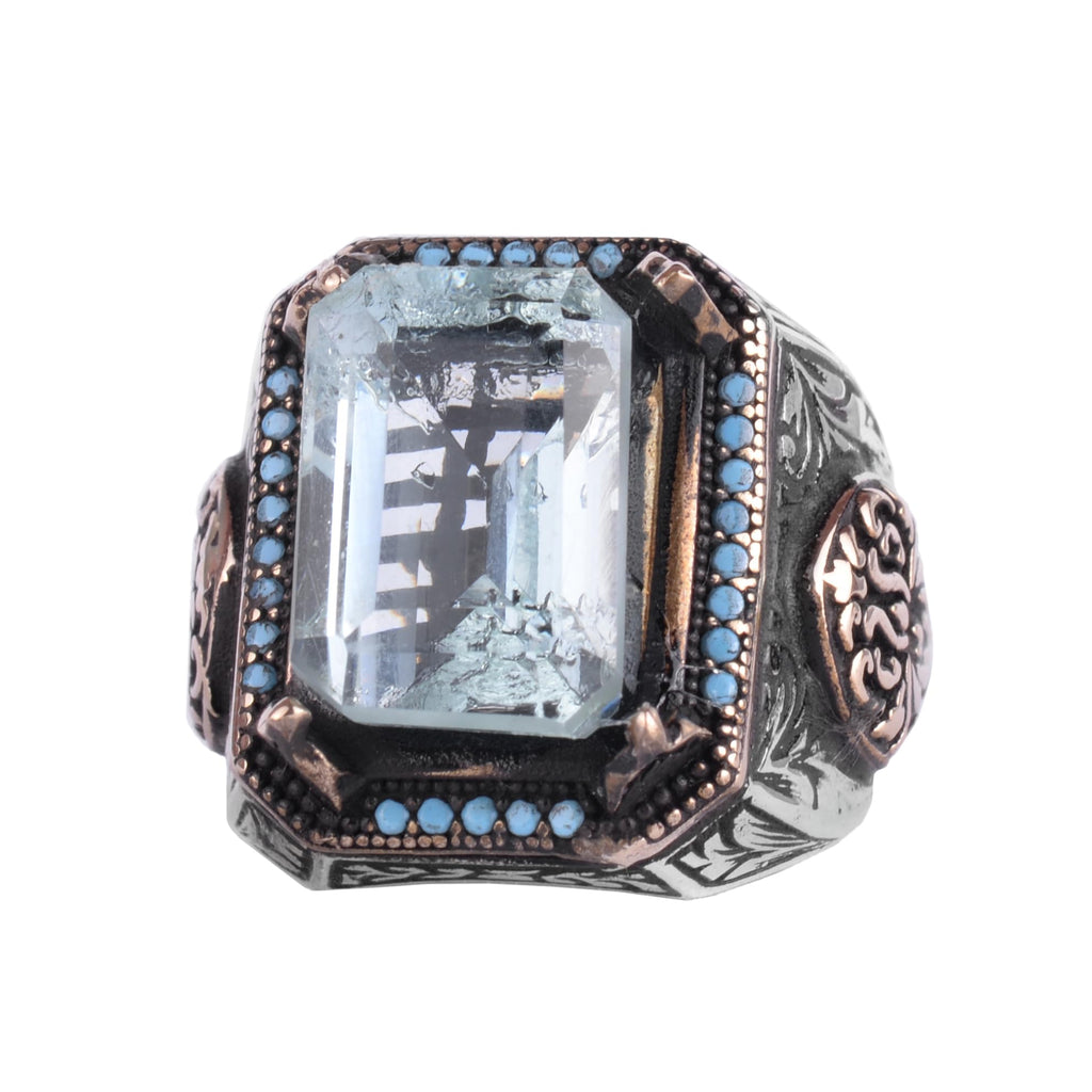 KAMBO Certified Aquamarine Stone Men's Ring - 925 Sterling Silver Ottoman Style Statement Ring - Handmade Blue Stone Islamic Jewelry