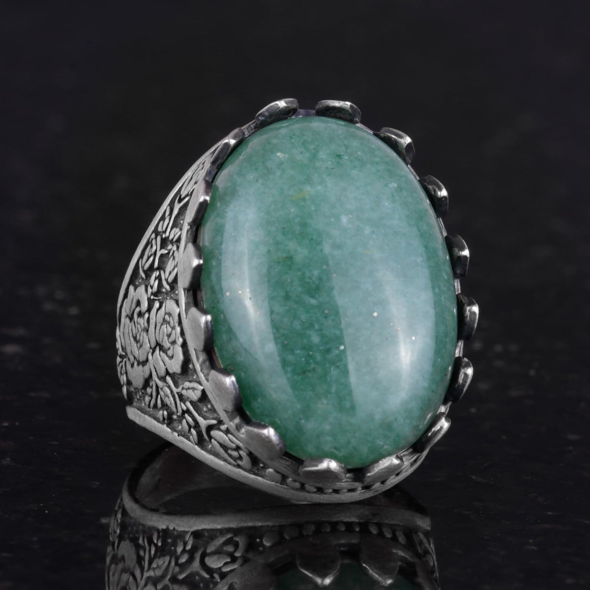 Natural Stone Ring - Rose Pattern - 925 Sterling Silver - Handmade Large Ring (Aventurine) — 5