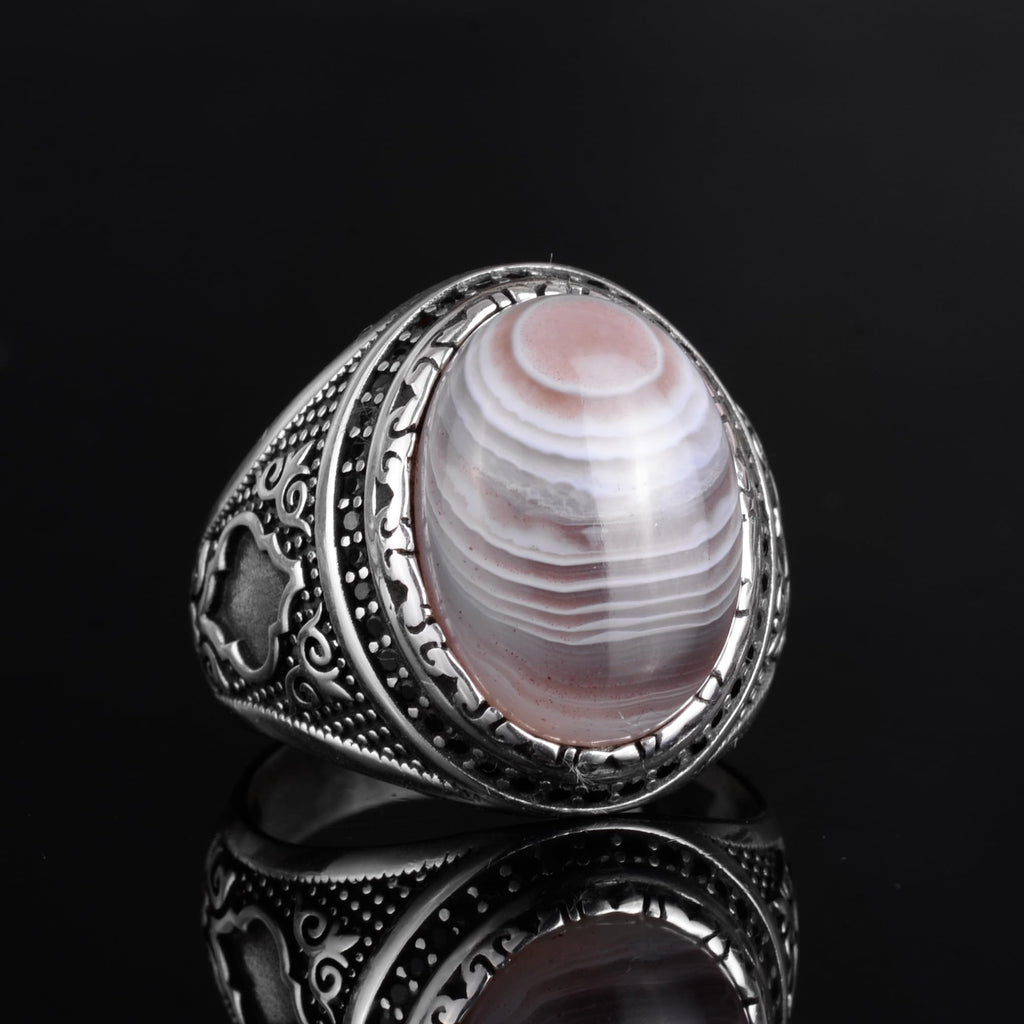 KAMBO Men's Natural Agate Stone Ring – 925 Sterling Silver Handmade Ottoman Star Motif Statement Ring – Islamic Heritage Jewelry (Style-3) — 6