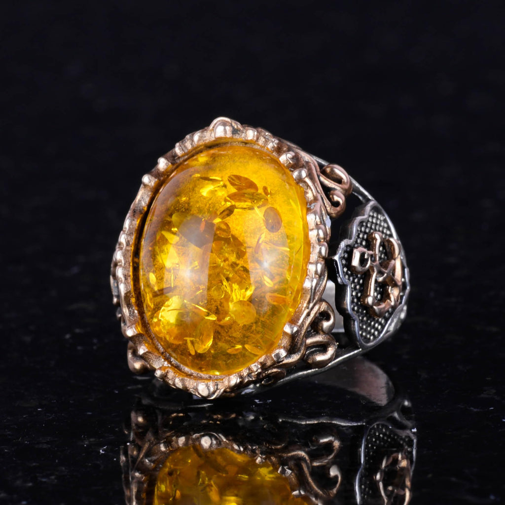 Honey Color Artificial Amber Stone Ring, 925 Sterling Silver Ring, Sailor Octopus Silver Ring — 6