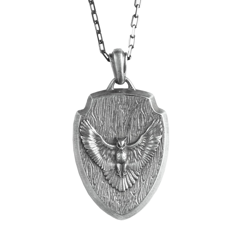 KAMBO 925 Sterling Silver Chain Men's Necklace – Owl Symbol Shield Necklace – Handmade Gothic Jewelry for Wisdom and Protection (Silver)
